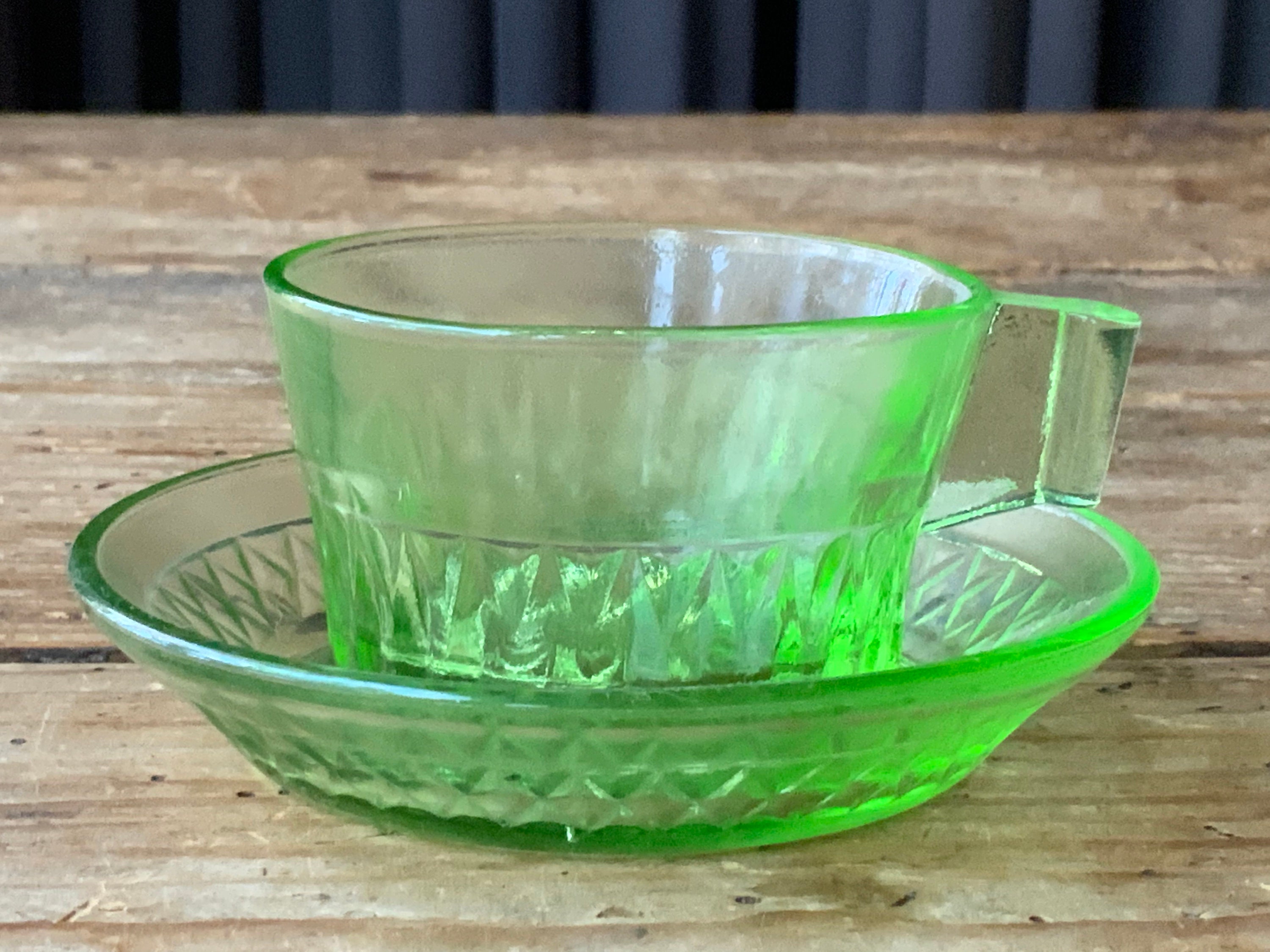 Vintage Glass Cups and Saucersgreen Glass Set of 2vintage Etsy