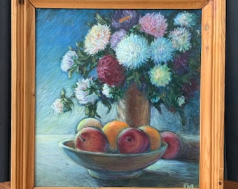 May include: A framed painting of a still life with a vase of white, pink, and purple flowers and a bowl of fruit. The fruit includes red apples and orange citrus fruits. The background is a blue-green color.