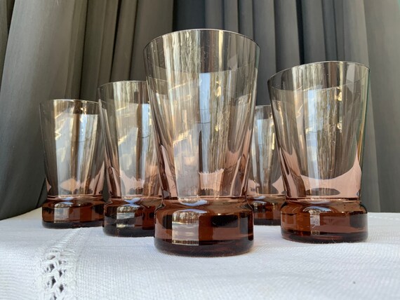 Set of 6 Drinking Glasses Thick Pink Glass Tumblers Vintage 