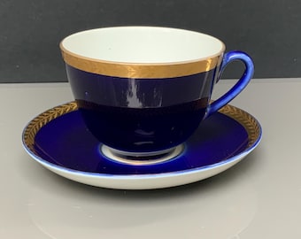 Lomonosov Imperial Porcelain Cobalt Blue Cup and Saucer: Vintage Tableware