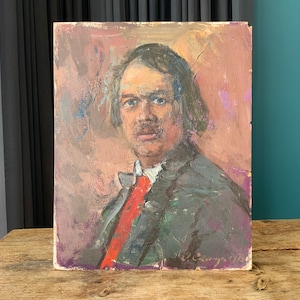 Retrato de hombre de pintura al óleo vintage, autorretrato de artista, obra de arte original, ilustración, bellas artes, interior de la habitación.