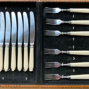 12x bakelieten bestekset in doos 6 messen en 6 vorken met bakelieten handvatten Vintage koloniaal bestekset jaren 60 (11)