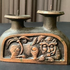Vintage candlestick with lion Metal candle holder tetramorph Ritual candlestick Stand two candles Copper Metal Candlestick man Lion symbol