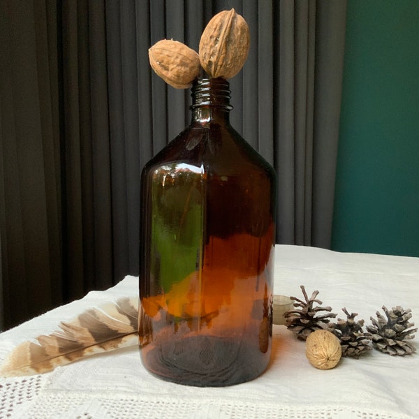 Vintage 1L Apothecary Amber Glass Bottle with Stopper, Old Chemistry Bottle, Retro Medical Jar, Pharmacy Medicine Bottle with Lid