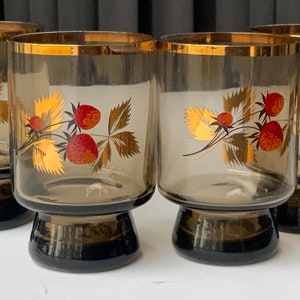 Smoky glass tumblers, whisky, water Gilded, Gold rimmed, Strawberries, 120ml vintage from the 80s