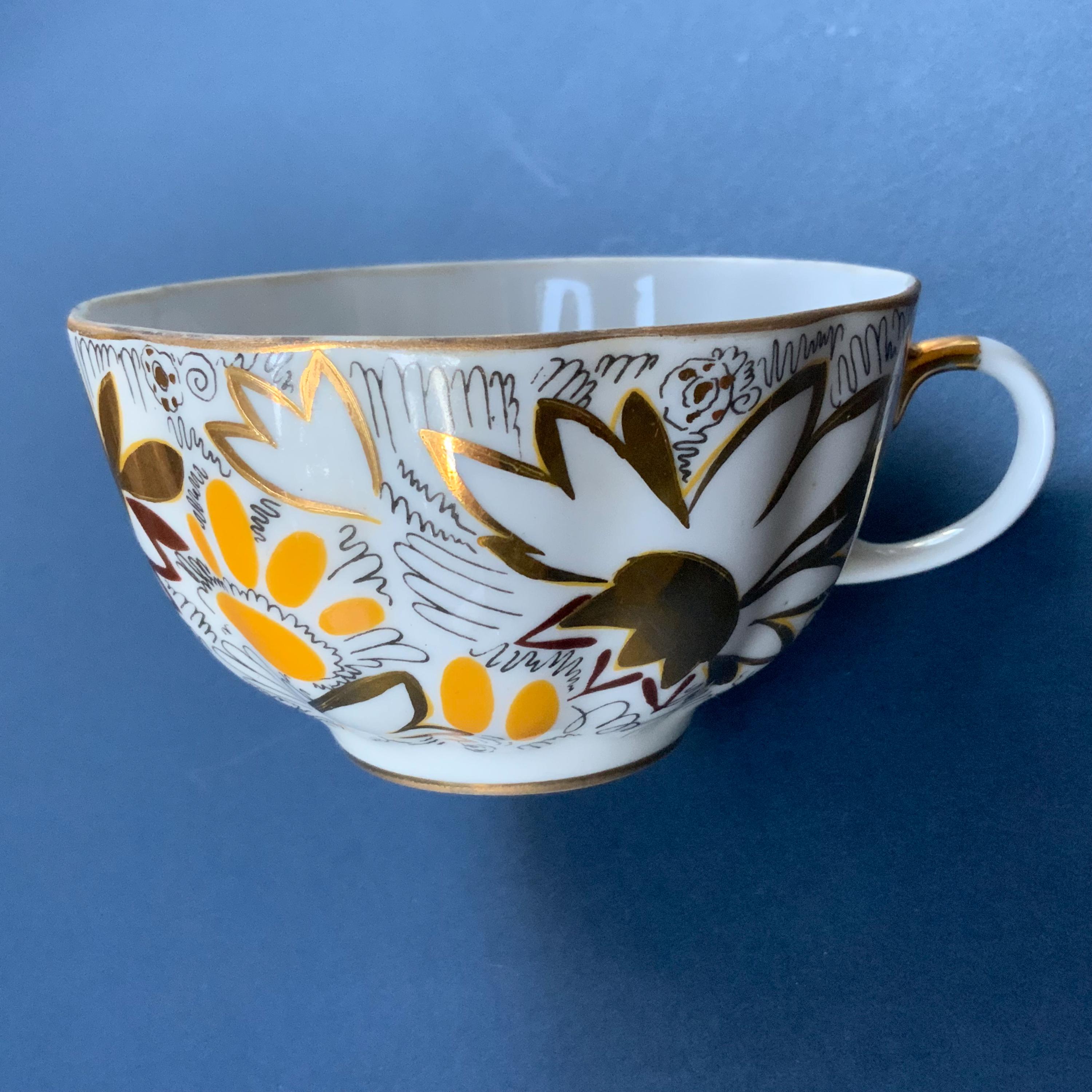 Lomonosov Imperial Porcelain Tea Set: Gold Daisy, 22k Trim, USSR