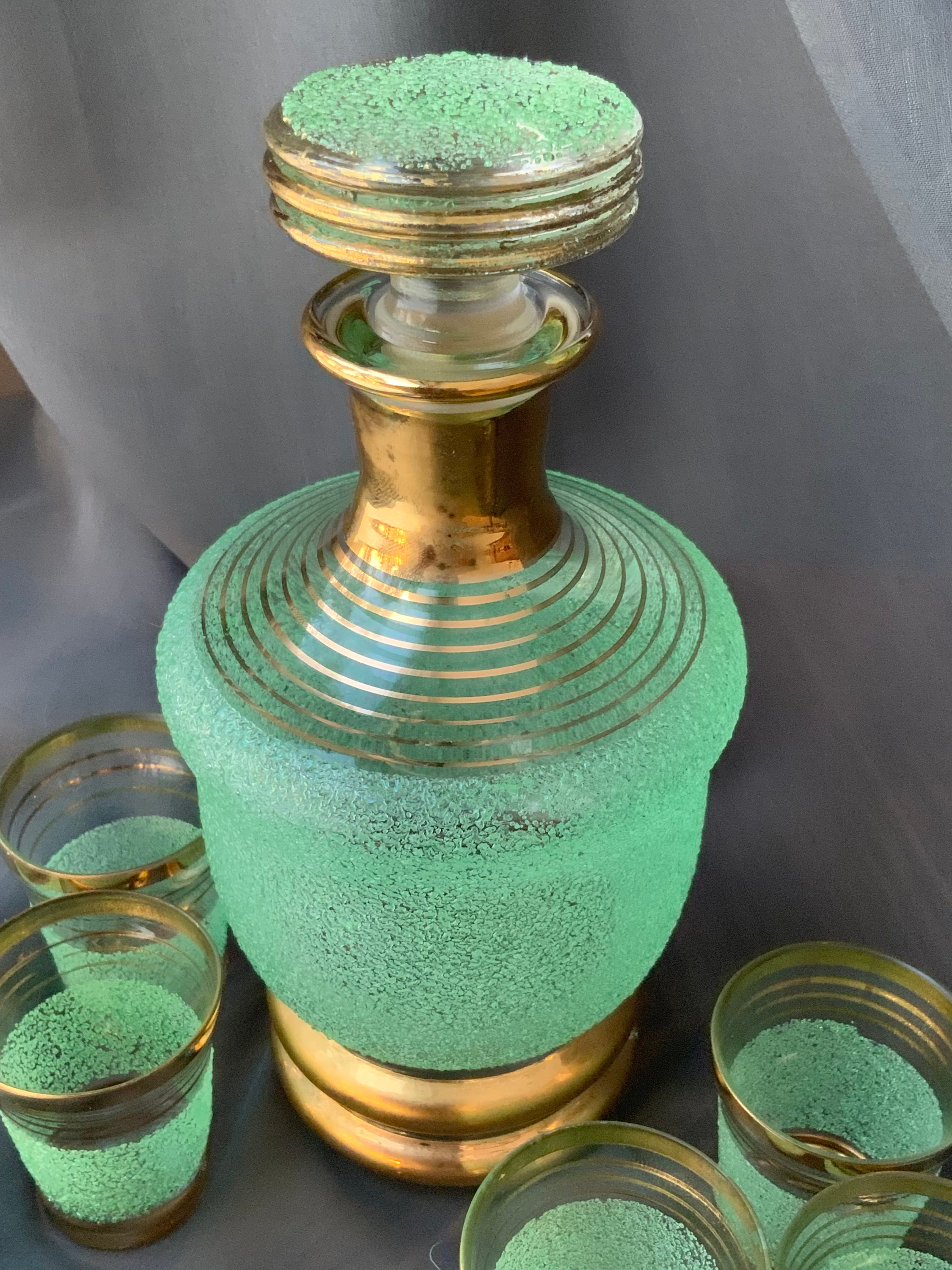 Vintage Green Glass Decanter Set: Gold Trimmed Shot Glasses, USSR