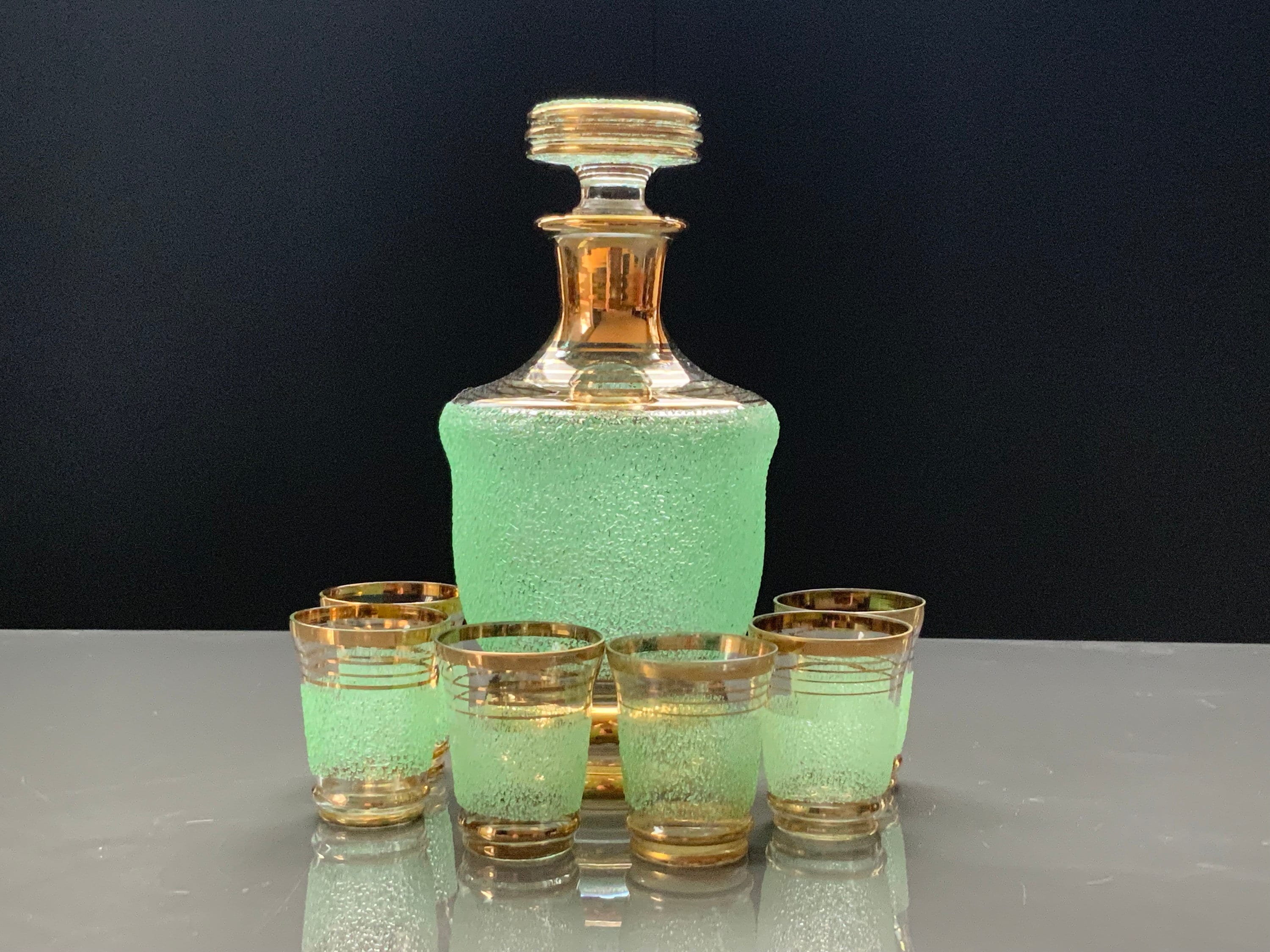 Vintage Green Glass Decanter Set: Gold Trimmed Shot Glasses, USSR