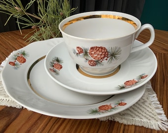 Vintage Riga porcelain factory coffee-tea set,  TRIO, pine cones, Latvia porcelain Riga, suggestions for Christmas, Christmas gift