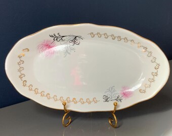 Gold trim Riga porcelain serving platter oval pink floral plate Fish sushi serving bowl