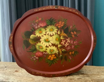 Oval BIG Brown Flora tray Brown Lacquer Hand Painted  from the  15.7"x12.5"