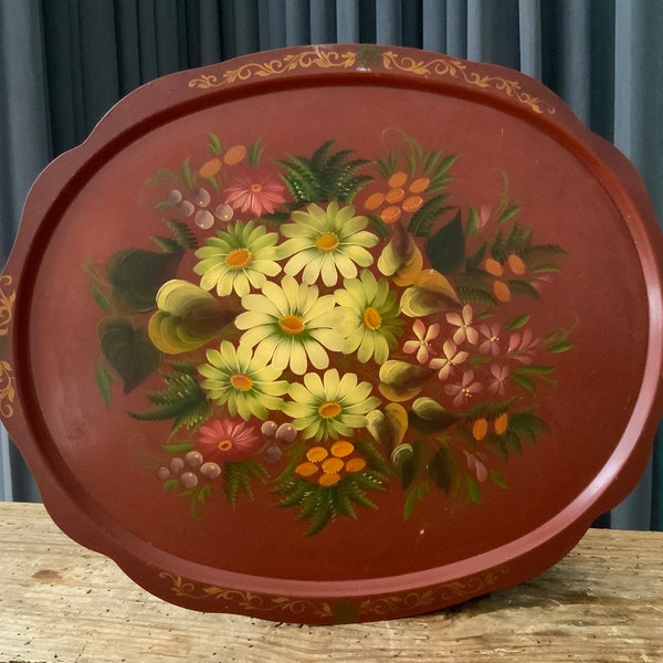 Oval BIG Brown Flora tray Brown Lacquer Hand Painted  from the  15.7"x12.5"