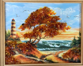 Vintage Amber Landscape Picture: Handmade Seaside Wall Hanging
