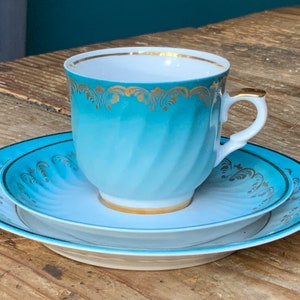 Vintage Riga porcelain factory cup, saucer, dessert plate, thin porcelain, Aqua Blue, Latvian Porcelain the70s