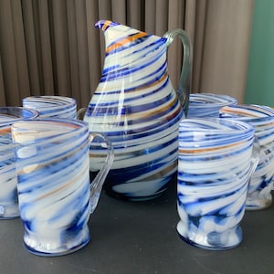 Handmade Old Vintage Retro Multicolor Glass Pitcher and Mug, Set of 7, Coloured Glass Jug,  Color Glass Pitcher.