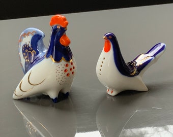 LFZ Lomonosov cobalt blue Turkey and Bird salt and pepper shakers blue bird sculpture, Spice dishes. hand-painted,