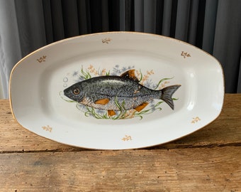 Assiette de service à poisson, usine de porcelaine de Riga, décalque de poisson, vintage des années 70