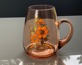 Vintage Glass Mug or Pitcher Peach Glass With Floral Accents gold leaves Lemonade or Iced Tea Pitcher