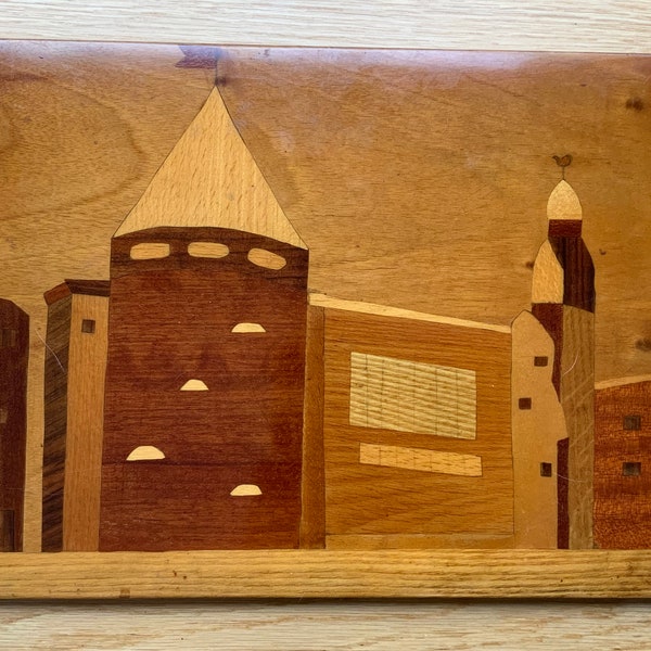 WOODEN_PLAQUE RIGA vintage, Plaque intarsia en marqueterie d'incrustation de bois avec vue sur le vieux Riga, décoration d'intérieur vintage, Lettonie des années 1970