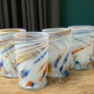 Handmade Old Vintage Retro Multicolor Glass Mugs with HANDLE , Set of 4, Coloured Glass, Color Glass cups.(#24)