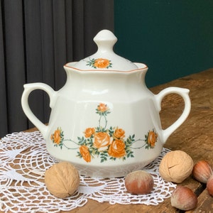 Sugar bowl with lid, porcelain sugar bowl with roses decal , vintage, Riga Latvia factory RPR, the 70s