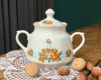 Azucarero de porcelana vintage con tapa: Calcomanía de rosa, RPR de Riga, década de 1970