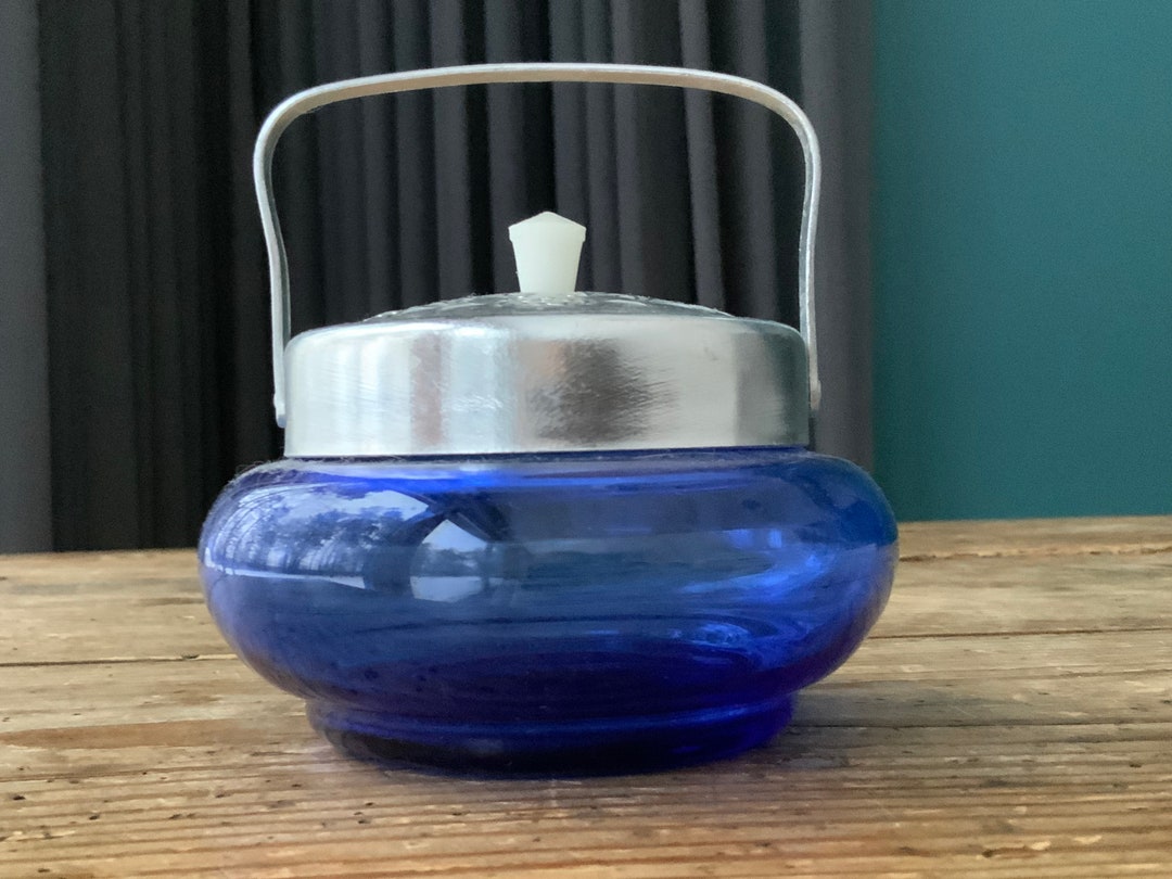 Vintage Soviet Blue Glass Sugar Bowl With Silver Tone Metal Lid and