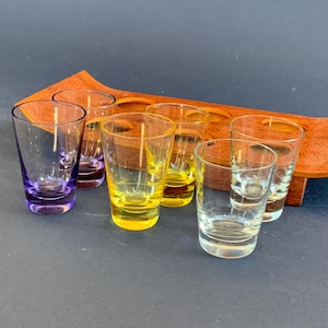 Multicolor, Pink SHOT GLASSES with TRAY Vintage, 6 Shot Vodka Glasses with Wooden Tray, the 1970s (# 339 )