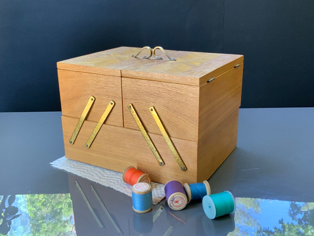 Vintage Large Wooden Box, Folding Sewing Box, Storage for Sewing ...