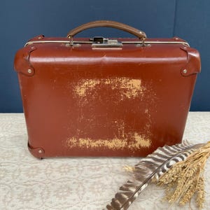 Small Vintage brown Suitcase, shabby suitcase, old brown trunk, retro traveling bag (# 326 )