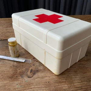 Può includere: Un kit di pronto soccorso in plastica bianca con una croce rossa sul coperchio. Il kit è aperto e contiene una piccola bottiglia di medicina e un termometro.