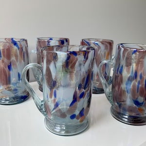 Handmade Old Vintage Retro Multicolor Glass Mugs, Set of 5, Coloured Glass, Color Glass cups, beer mugs, juice, water.