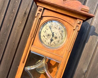 Antique Gustav Becker Vintage Old Wall Clock, Working Condition, Mechanical Hanging, Oak wood Clock, c. 1910