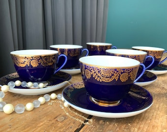 Lomonosov LFZ Imperial Porcelain Cobalt Blue Cups and Saucers Set.