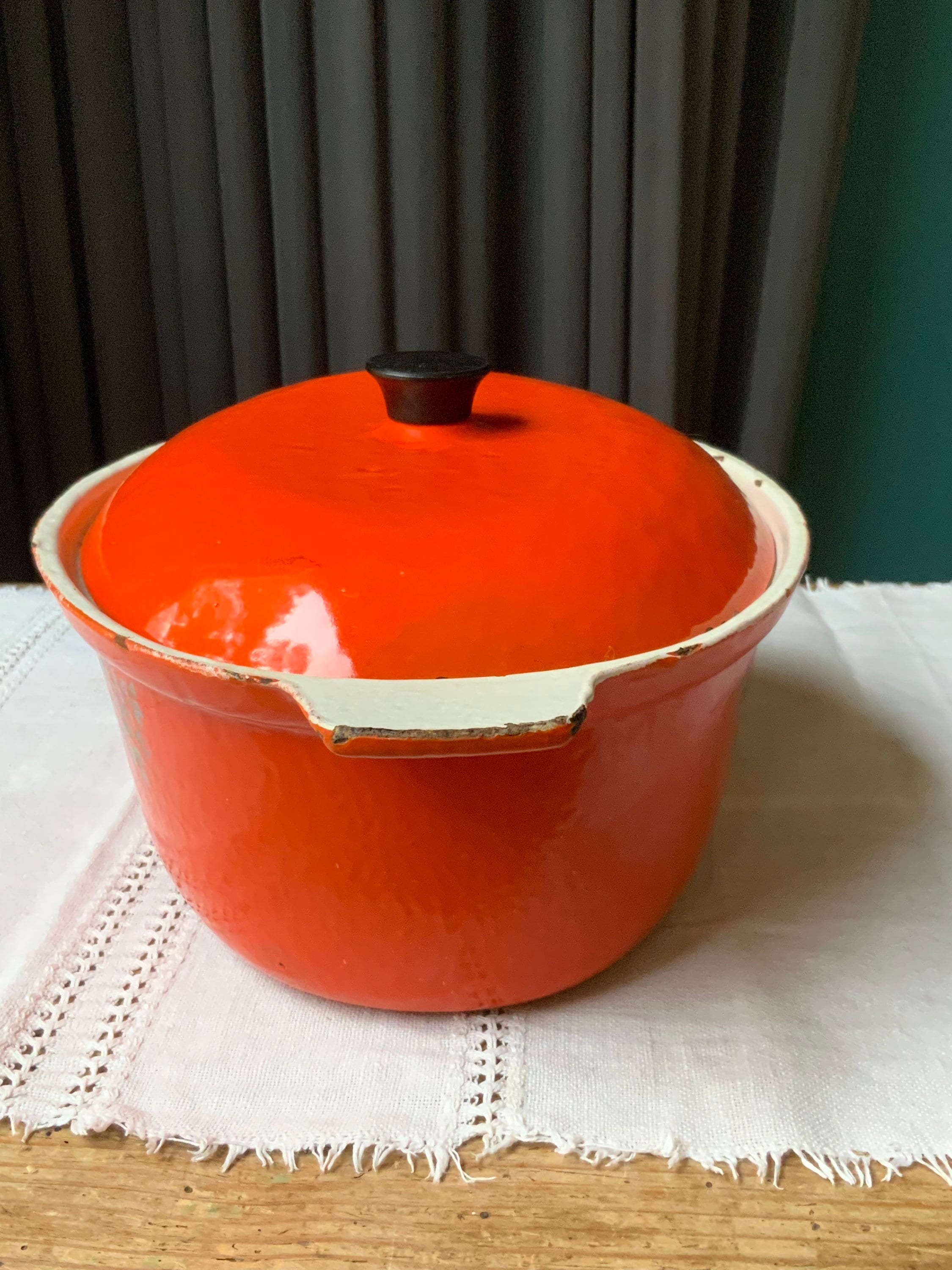 Cocotte En Tôle émaillée Orange Vintage - Marmite Ancienne Compatible Gaz/électrique