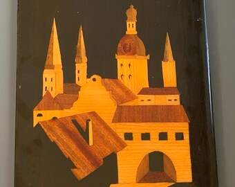 Vintage Riga Wood Inlay Plaque: 1970s Latvian Handcrafted Wall Art