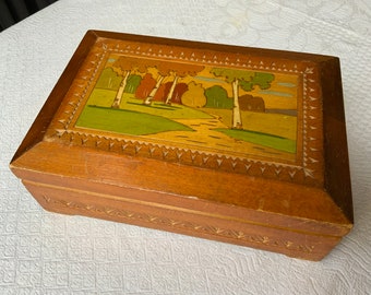 intage wooden box Hand painted Jewelry box retro Carved rustic decor Picture of nature Art painting scenery Souviet art 50s