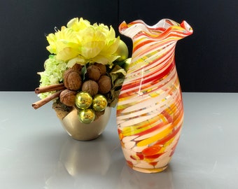 Fluted Ruffled Multi-color, Handblown Multi-color glass vase, Color Glass Vase, Vintage Interior Decoration, Latvia, USSR glass1980s (#9310)