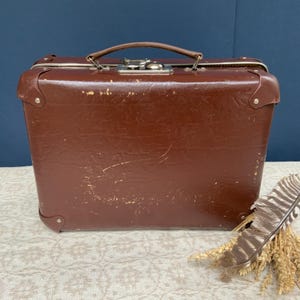 Small Vintage brown Suitcase,, shabby suitcase old brown trunk, retro traveling bag (# 558 )