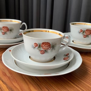Vintage Riga porcelain factory coffee-tea set, ONE TRIO, pine cones, Latvia porcelain Riga, suggestions for Christmas, Christmas gift