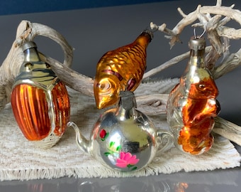Beetle, Squirrel, Fish, Teapot, Vintage Blown Glass Mercury glass Christmas Ornaments the 1977