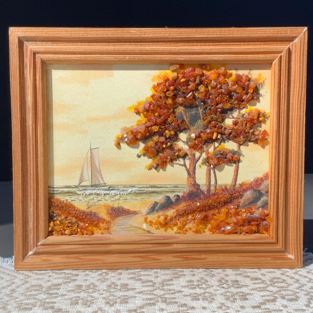 Vintage Amber Landscape Wall Picture: Handmade Seaside Scene - Etsy
