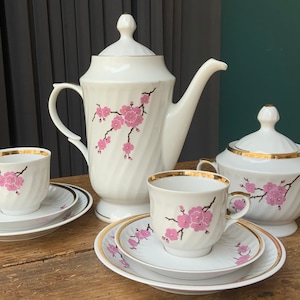 Gold trim Vintage Riga porcelain factory RPF coffee Set of 2, floral decal, RPR porcelain Riga