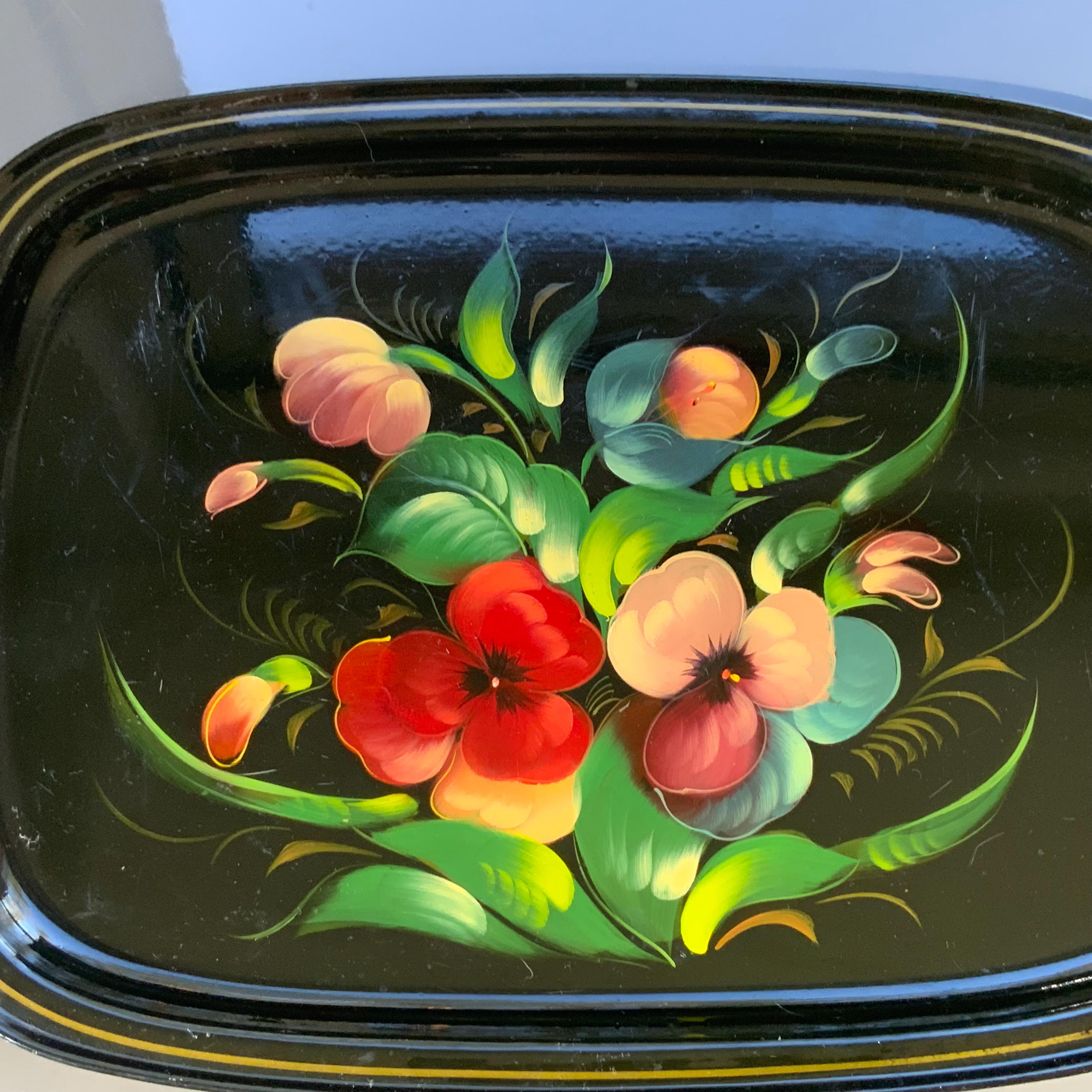 Black Floral Tray, Black Lacquer Hand Painted, From the USSR Era