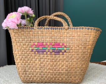 Vintage Handwoven Straw Market Basket Bag with Top Handle