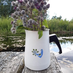 Op de afbeelding: Een witte emaille kan met een zwarte handgreep en een blauwe vogel- en bloemmotief, gevuld met stekelige, paars getopte bloemen. De kan staat op een verweerd houten oppervlak in de buurt van water.