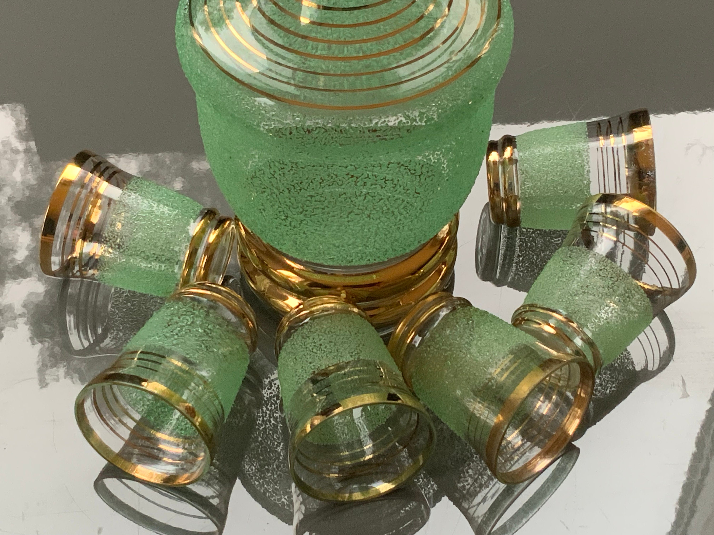 Vintage Green Glass Decanter Set: Gold Trimmed Shot Glasses, USSR
