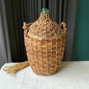Vintage Bottle, Jar, Wicker cover bottle, Hand knotted bottle, Straw Wicker Glass Bottle, Jar, Rustic Kitchen Decor