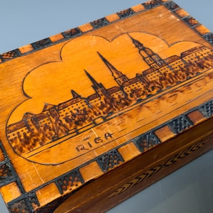 Ancient Vintage Wooden Box, with Riga city view trinket box, storage for Sewing Supplies, Jewelry box, burned ornament (# 616 )