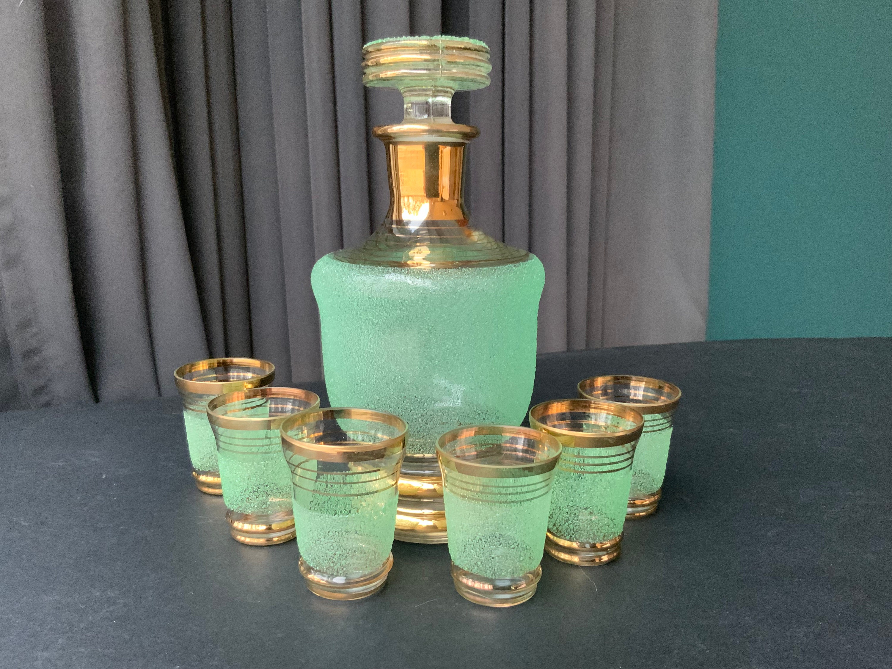Vintage Green Glass Decanter Set: Gold Trimmed Shot Glasses, USSR
